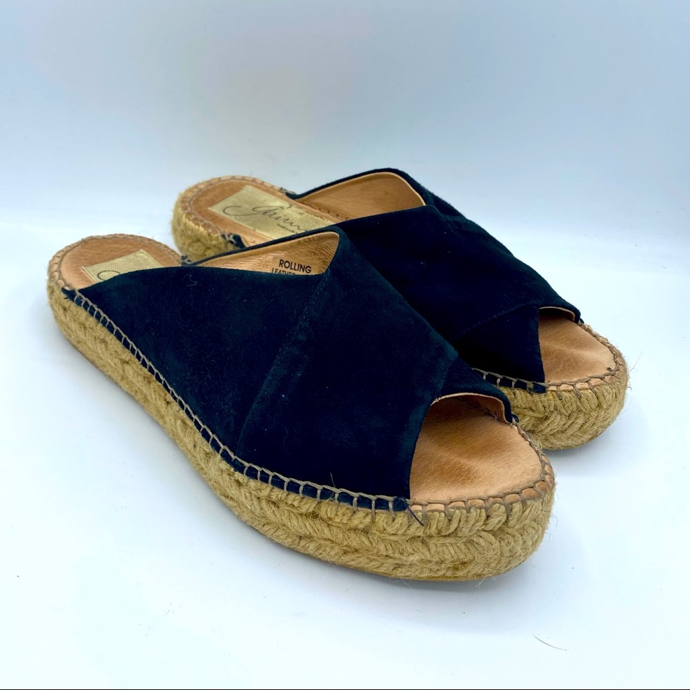 Anthro Gaimo Rolling Black Suede Platform Espadrille Slides Size 6.5
